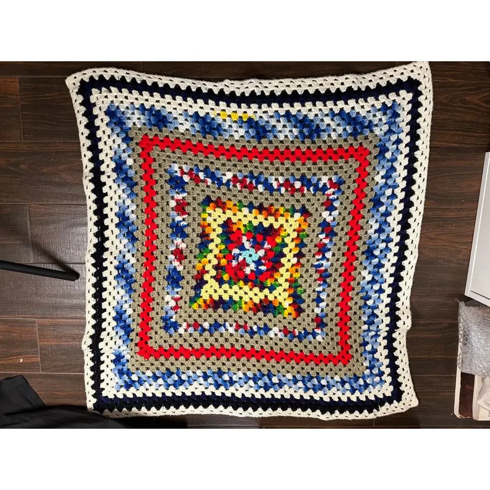 Vintage Crochet Granny Square Blanket Throw Large Colorful Rainbow Blue Border